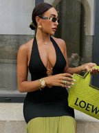 Hollow Out Color Matching Metal Decoration Bra Slit Maxi Dresses