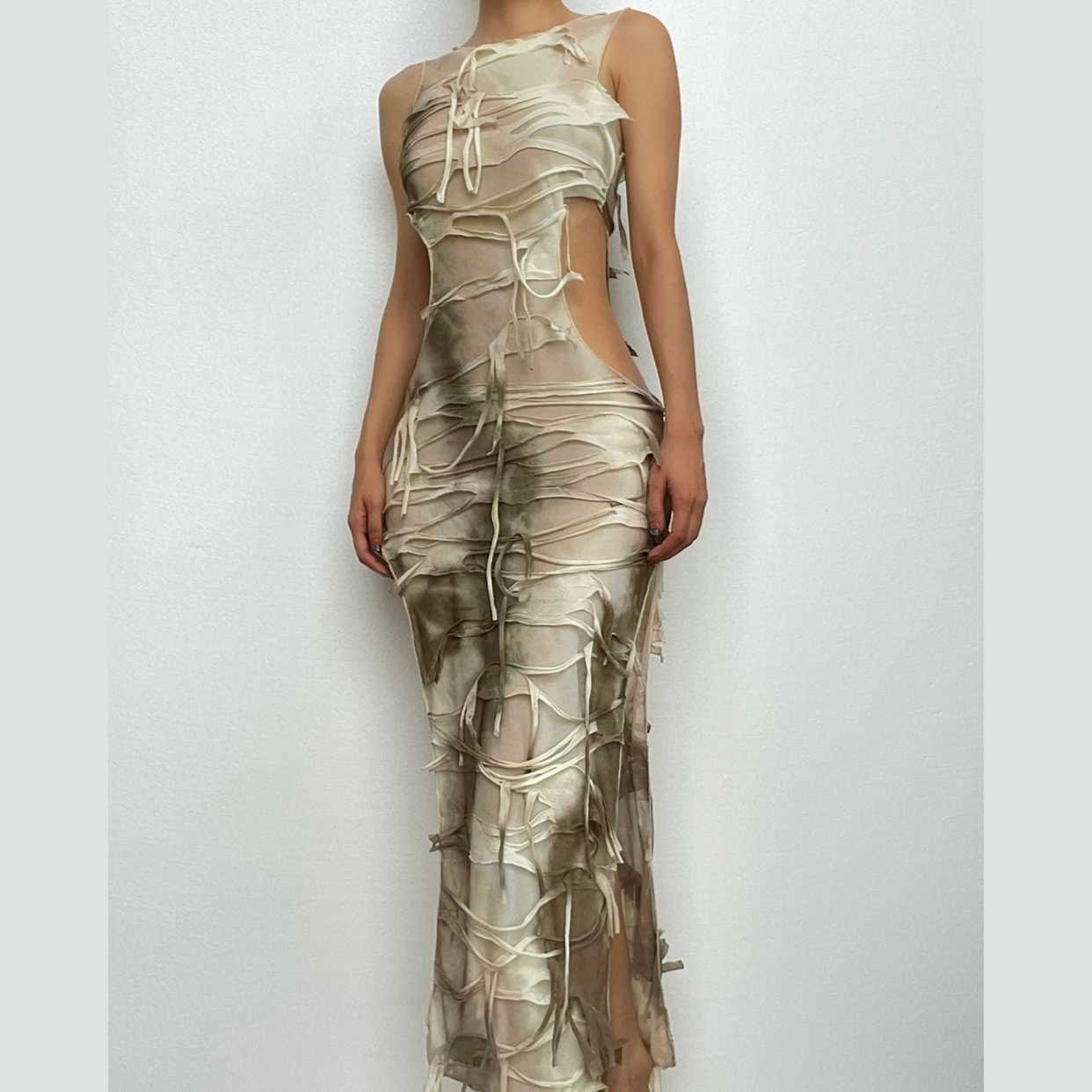 Sleeveless textured tie dye hollow out irregular slit maxi dress