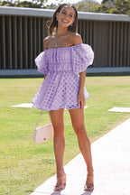 Off-the-Shoulder Puff Sleeve Windowpane Check Smocked Waist Mini Dress