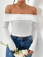 Off-shoulder Slim Fit Short Long-sleeved T-shirt