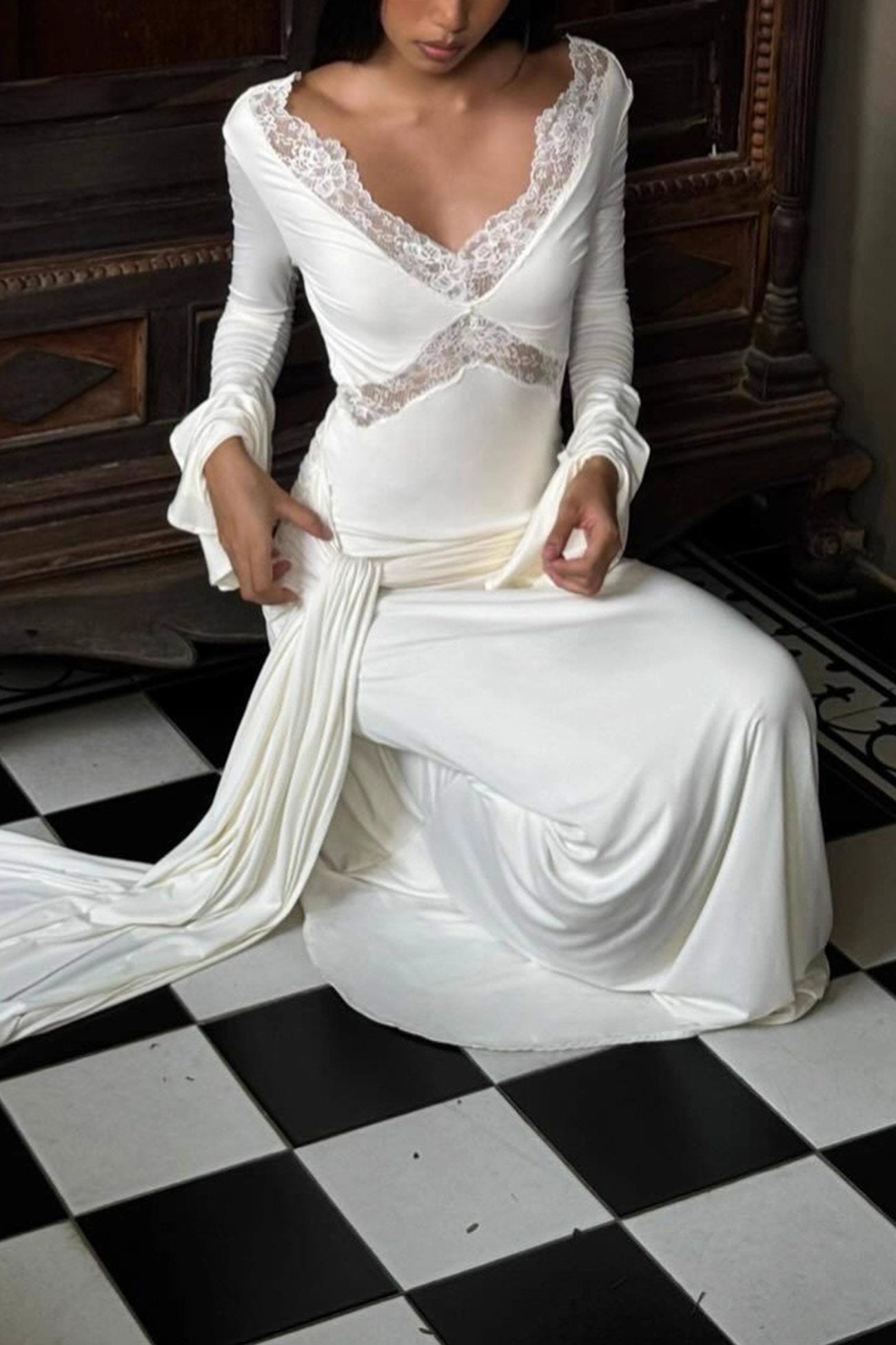 Lace Trim Deep V-Neck Ruffle Cuff Side Tie Long Sleeve Maxi Dress