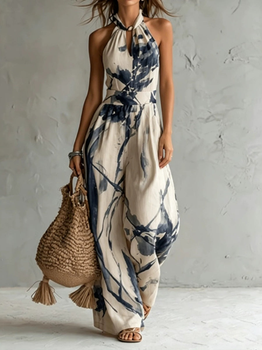 Ink And Wash Printing Halter Wide-leg Pants Temperament Jumpsuits