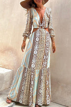 Patchwork Ikat Print V-Neck Wrap Tiered Ruffle Mini Dress