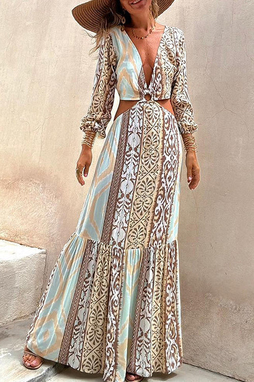 Patchwork Ikat Print V-Neck Wrap Tiered Ruffle Mini Dress