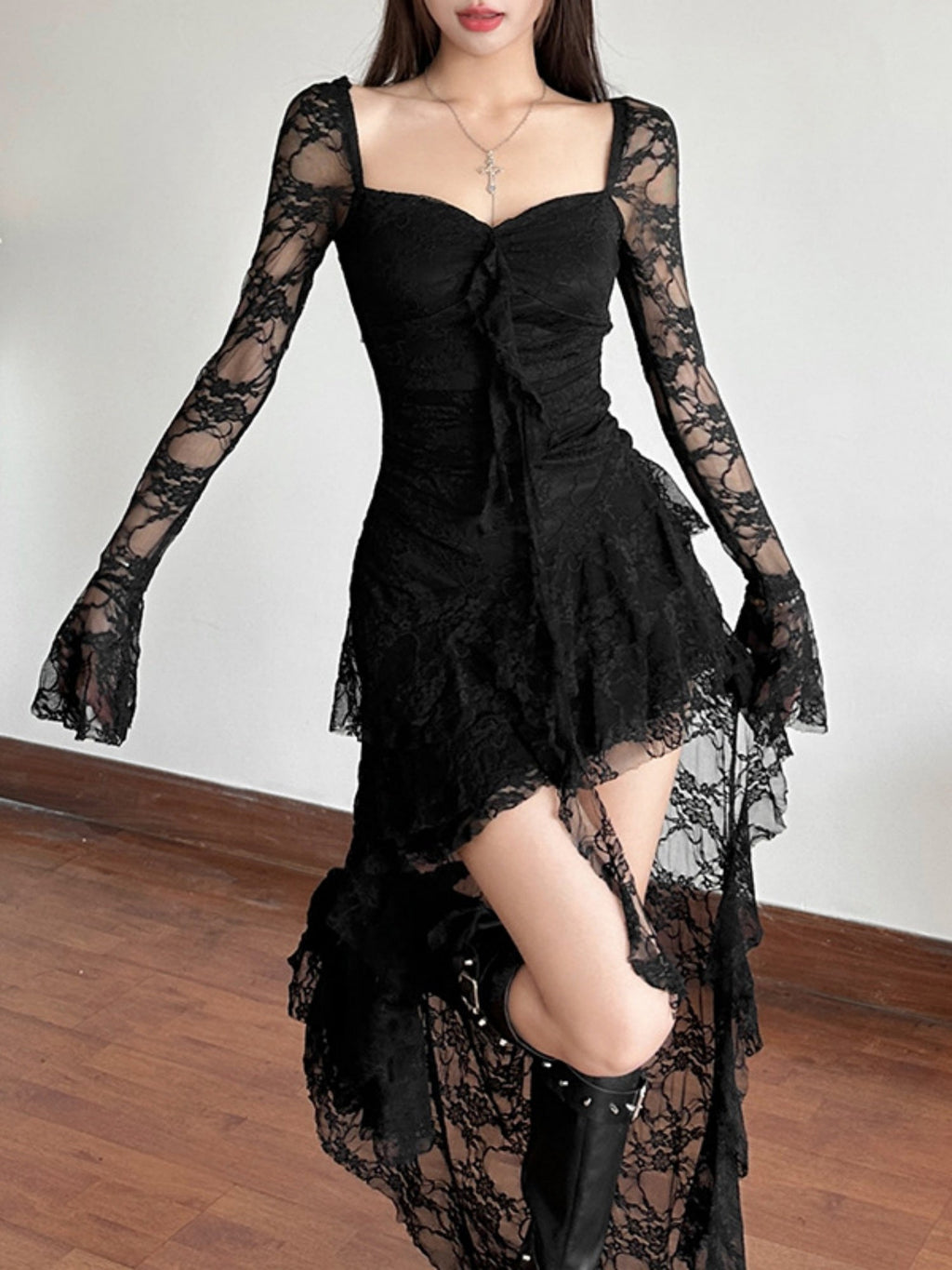Lace Patchwork Perspective Irregular Hem Mini&Short Dresses