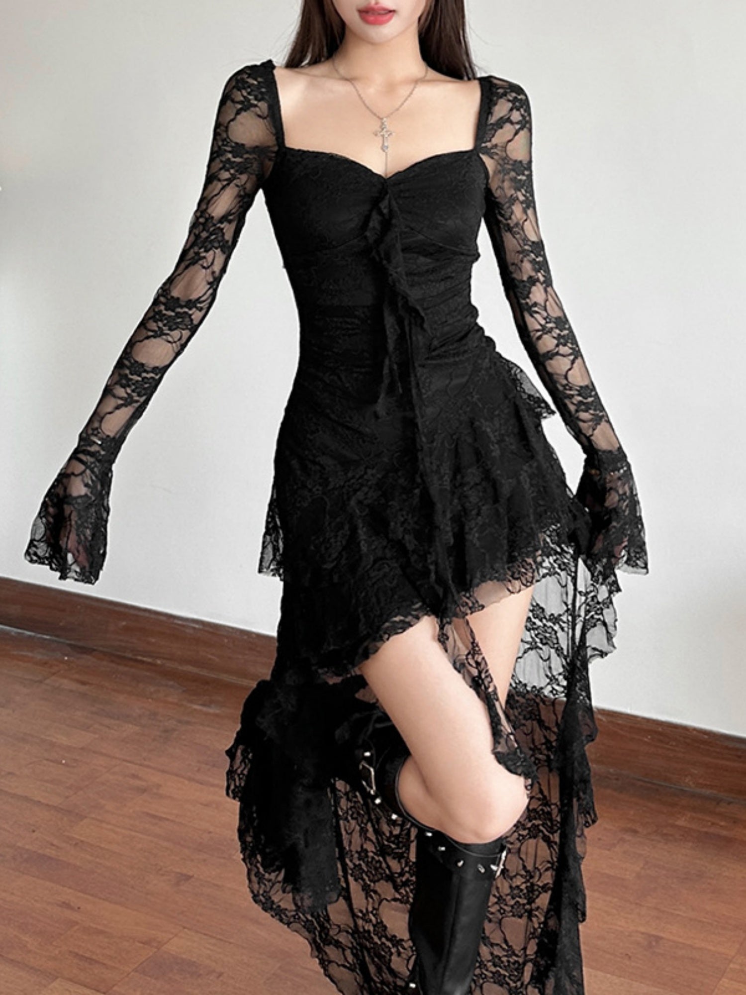 Lace Patchwork Perspective Irregular Hem Mini&Short Dresses
