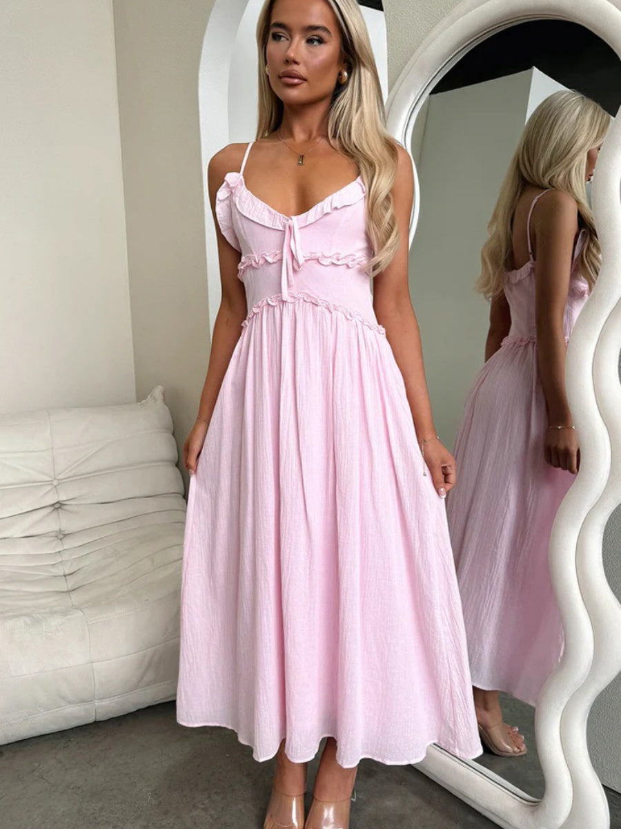 Ruffle Solid Color Camisoles Bandage Maxi Dresses