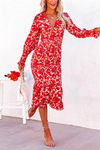 V Neck Long Sleeves Dress Printed Mermaid Midi Dress