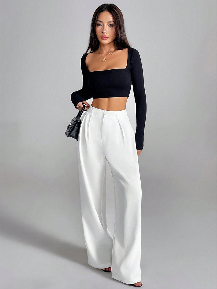 Solid Color Loose Button-down Suit Trousers