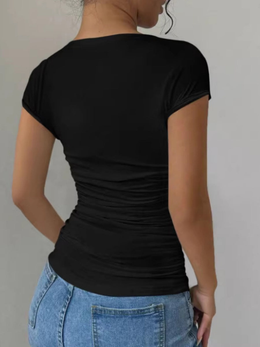 Slim Fit Solid Color T-Shirt With Gathering