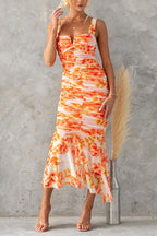 Sleeveless Ruched Mesh Overlay Floral Print Ruffle Midi Dress