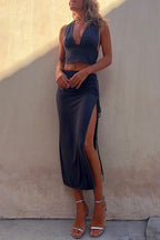 Deep V Neck Sleeveless Crop Top Drawstring Side Split Skirt Set