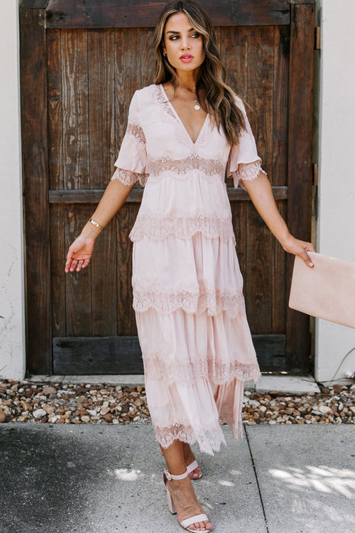 Deep V Neck Lace Trim Tiered Layered Ruffle Midi Dress