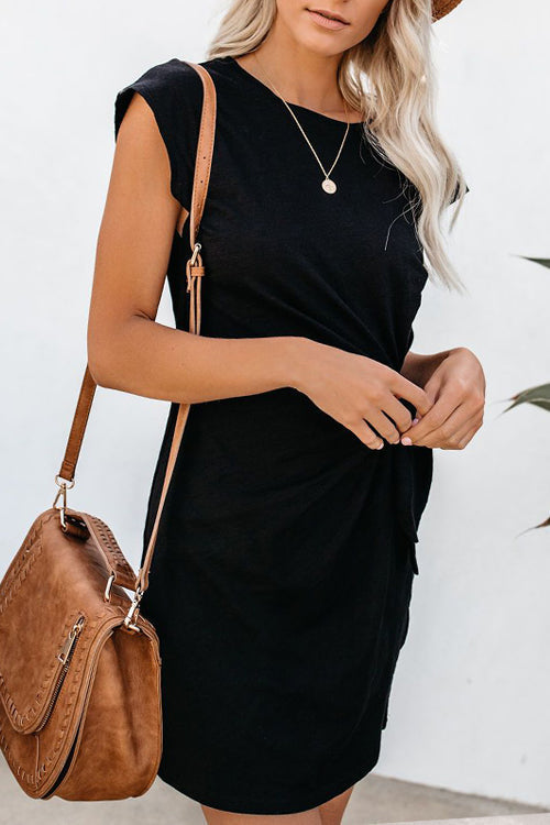 Crew Neck Short Sleeve Side Knot Twist Waist T-Shirt Mini Dress
