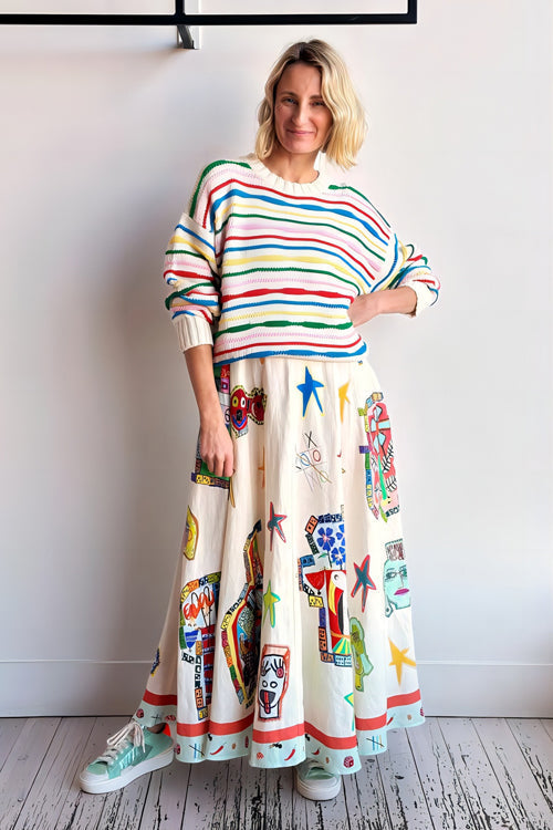 Spaghetti Strap Square Neck Botanical Fruit Print Scalloped Hem Midi Dress