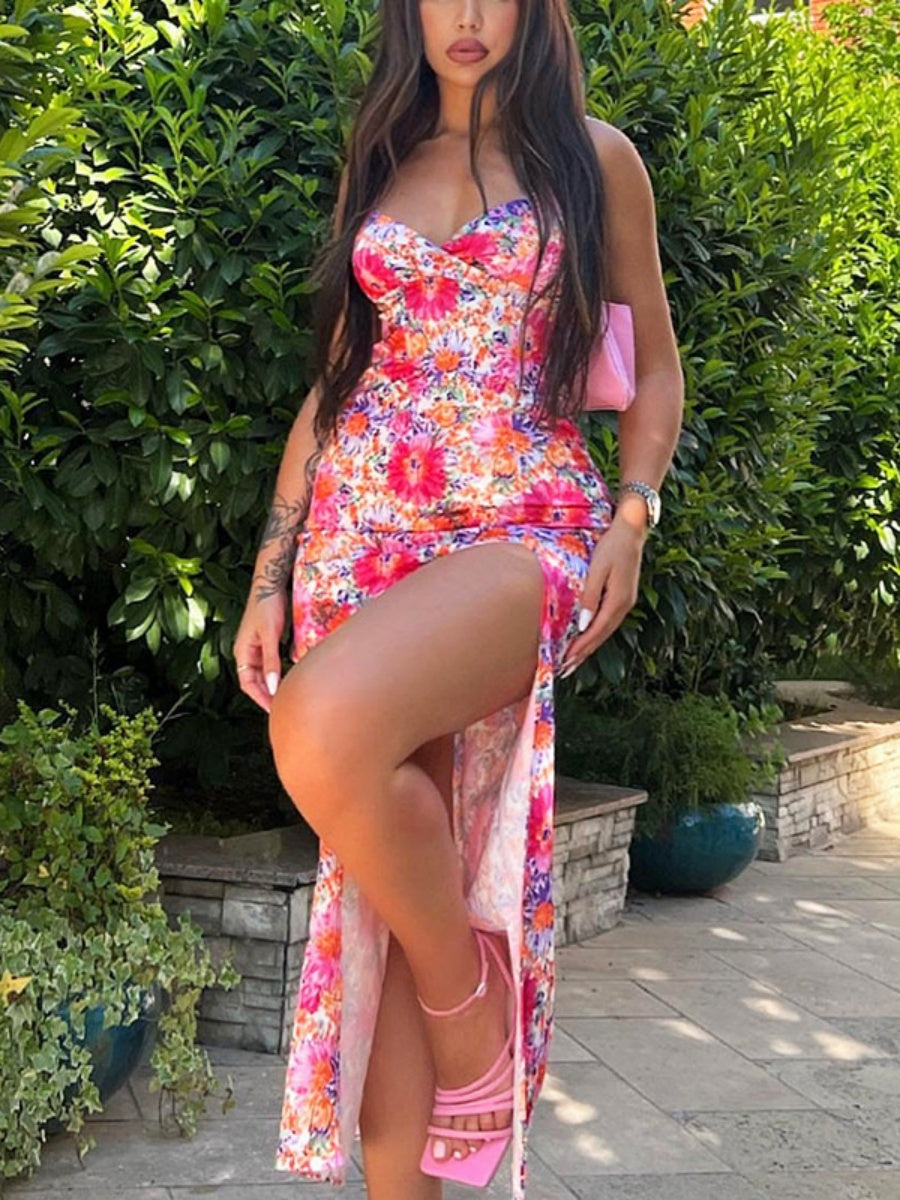 Floral Camisoles Temperament Slit Sexy Vacation And Leisure Maxi Dresses