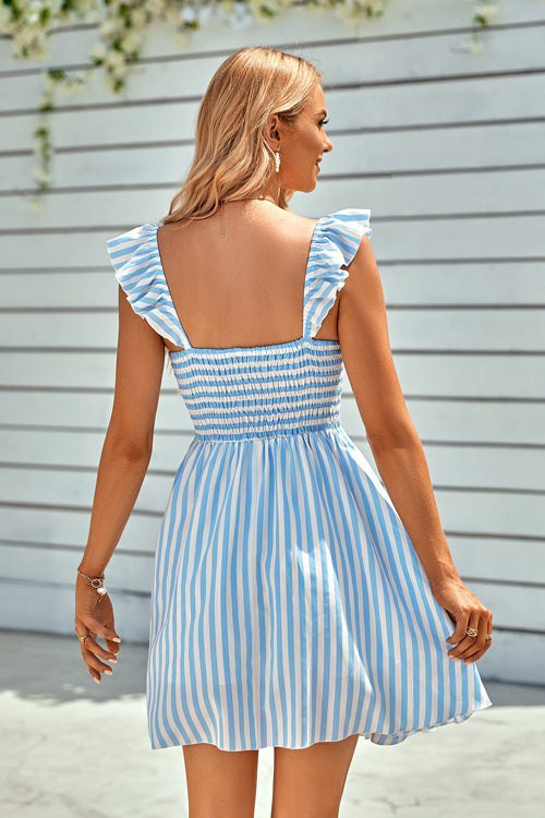 Off-the-Shoulder Smocked Vertical Striped Ruffle Hem Mini Dress