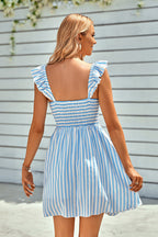 Off-the-Shoulder Smocked Vertical Striped Ruffle Hem Mini Dress