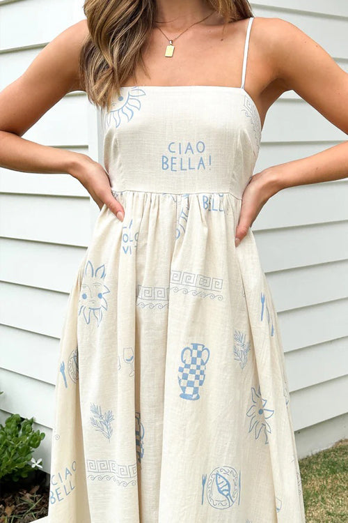 Square Neck Spaghetti Strap Graphic Print Empire Waist Maxi Dress
