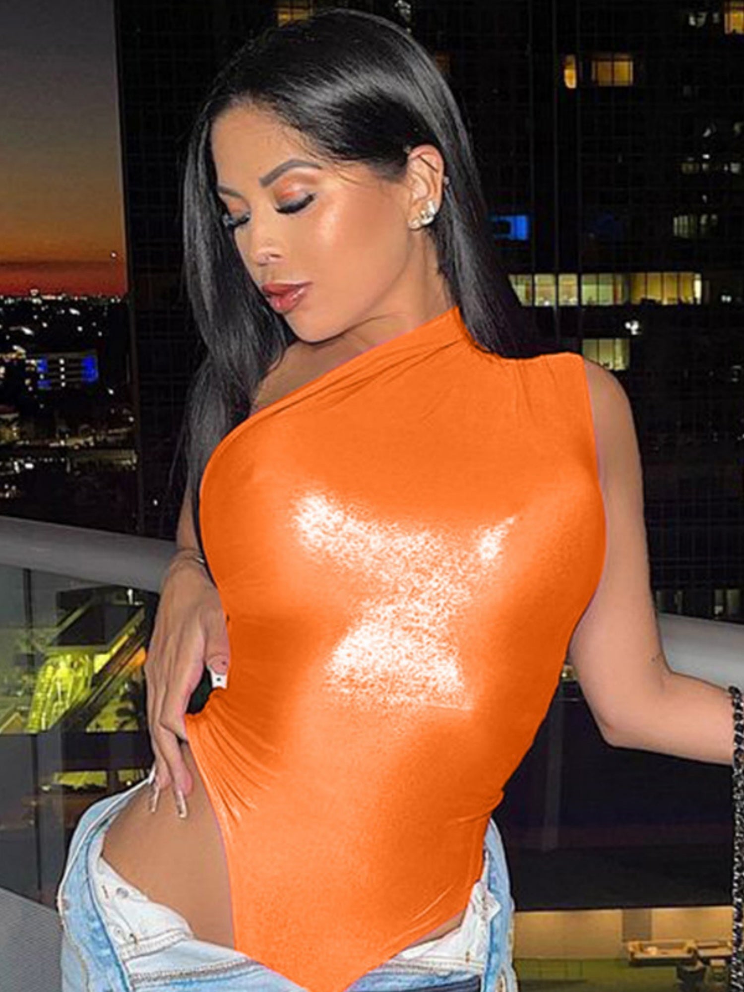 Imitation PU Metallic Luster Slim-fit Sleeveless Bodysuits