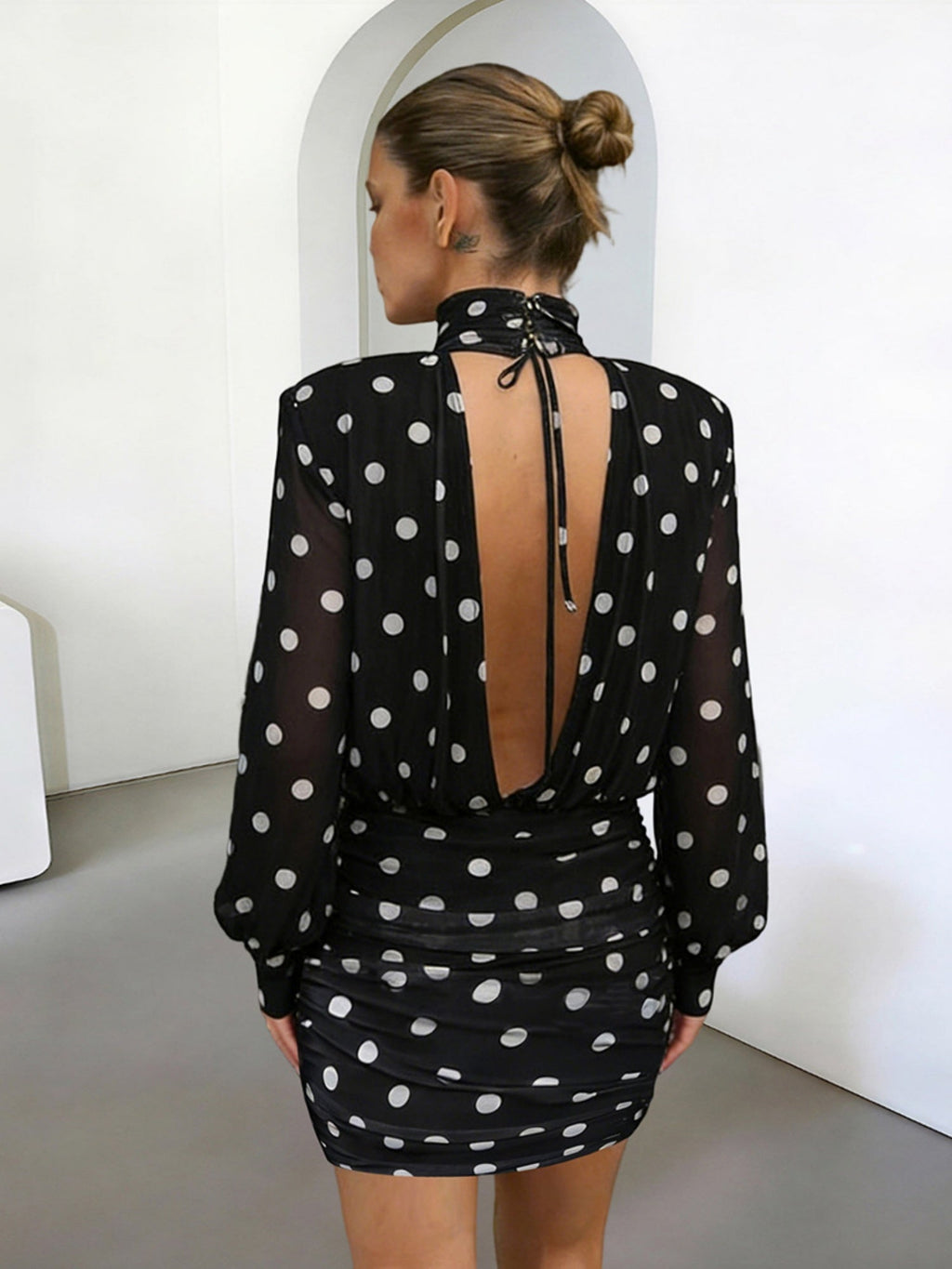 Polka Dots Backless Turtleneck Waist Shaping Hip Wrap Mini&Short Dresses