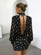 Polka Dots Backless Turtleneck Waist Shaping Hip Wrap Mini&Short Dresses