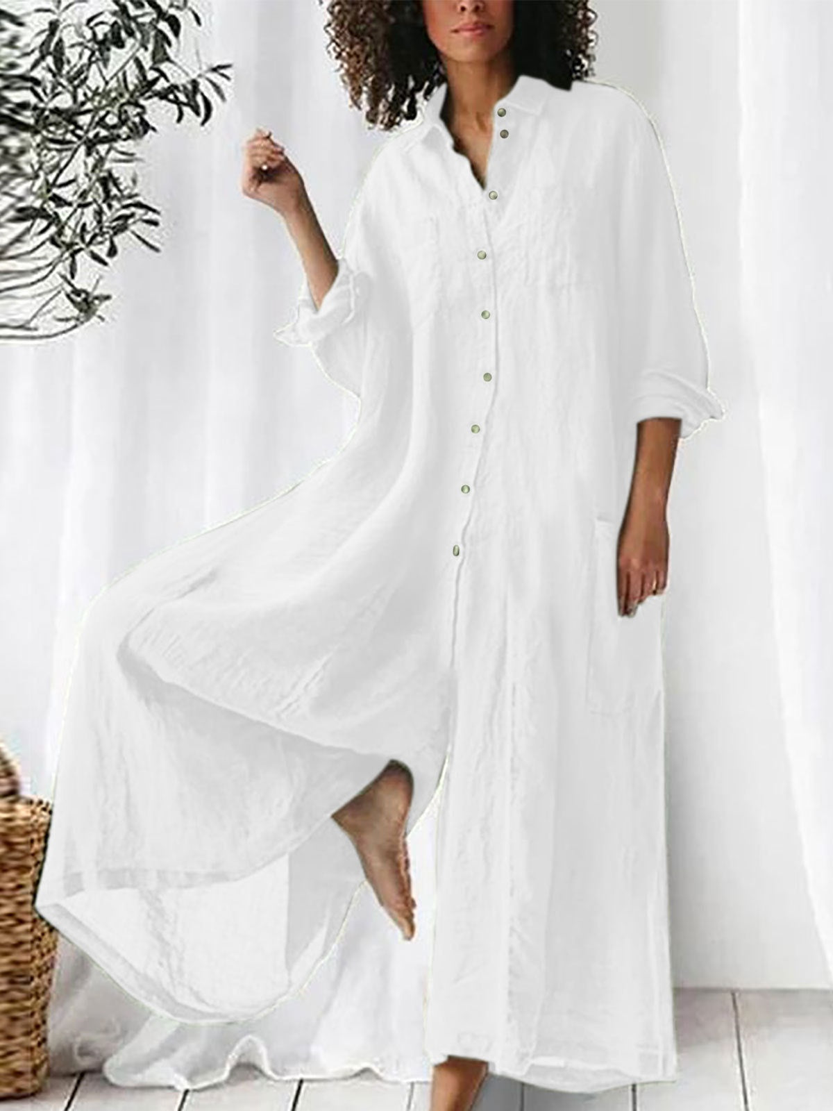 Long-sleeved Mid-length Cotton Linen Shirt Jumpsuit