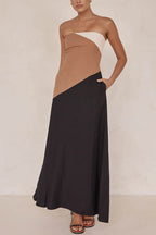 Strapless Color Block Pocketed Maxi Party Dress
