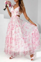 V Neck Sleeveless Cut Out Waist Floral Print Ruffle Maxi Dress