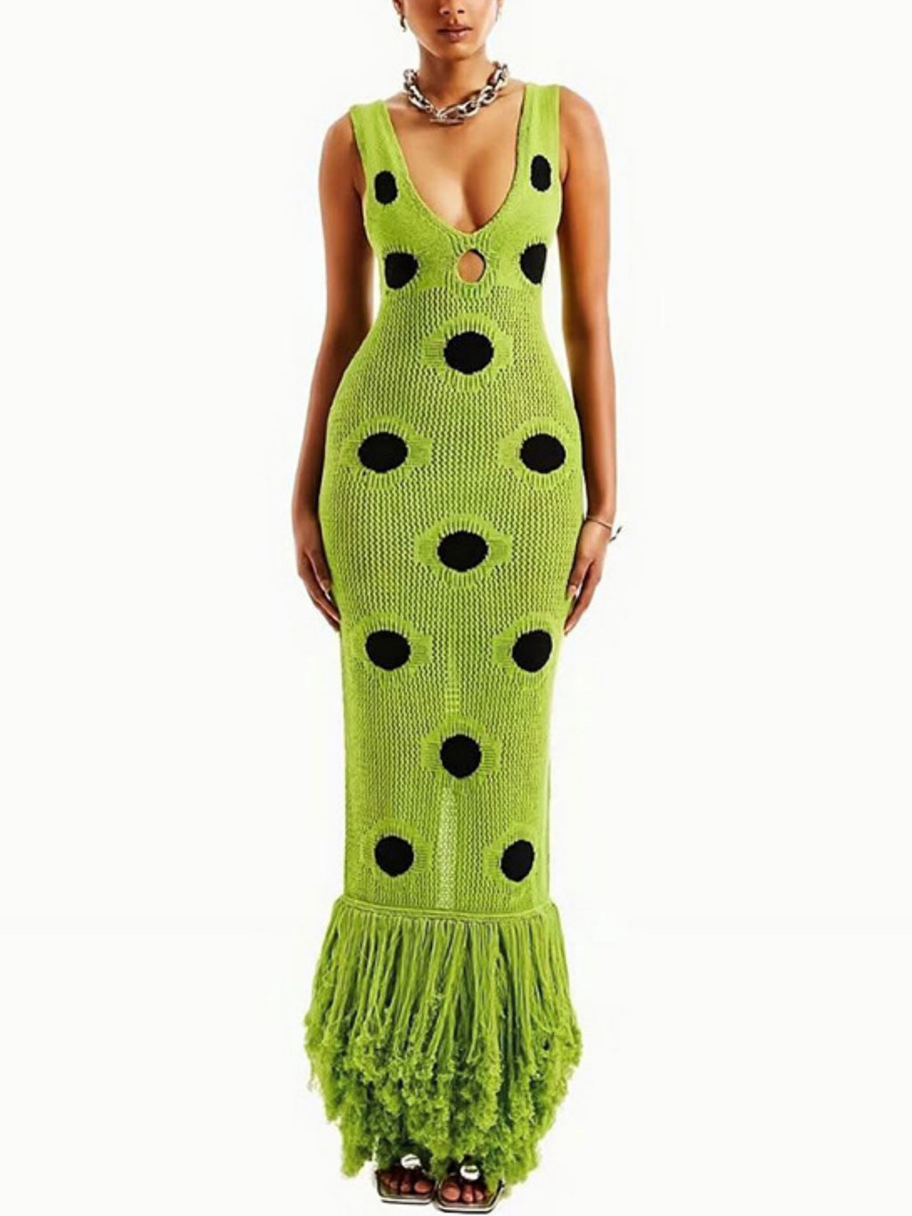 Polka Dots Hollow Out Tassel Sleeveless V-neck Maxi Dresses