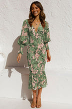 Floral Print Deep V-Neck Puff Sleeve Smocked Ruffle Hem Midi Dress