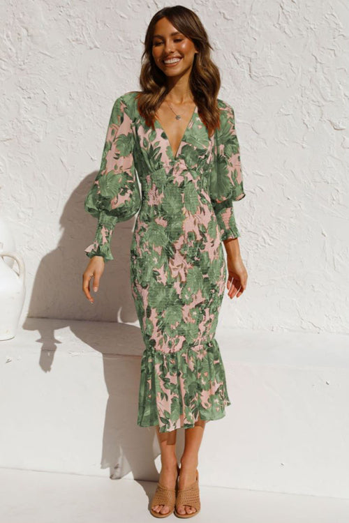 Floral Print Deep V-Neck Puff Sleeve Smocked Ruffle Hem Midi Dress