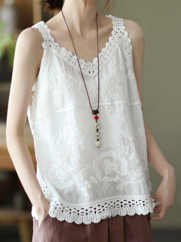 Cotton Linen Embroidered V-neck Camisole