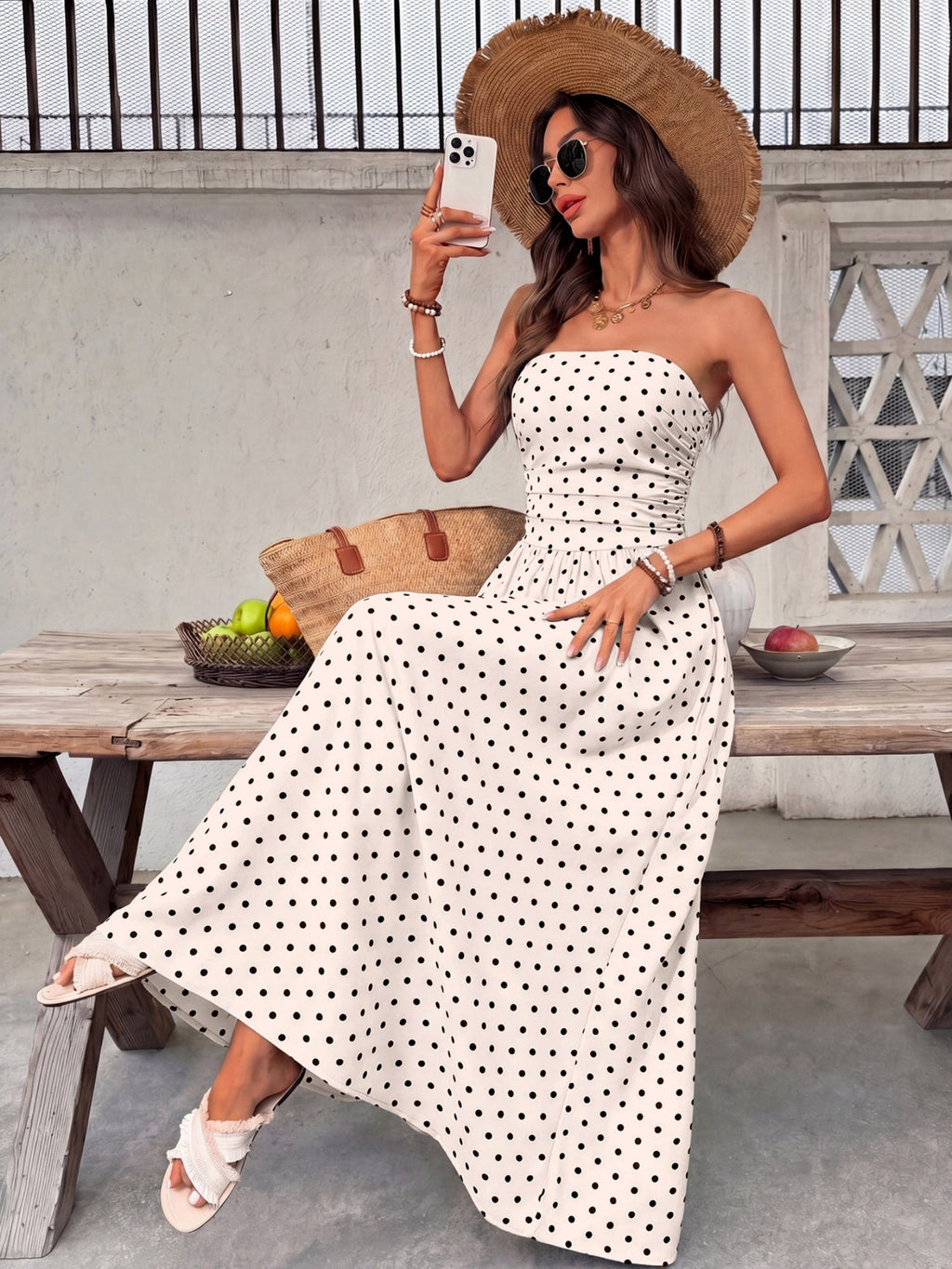 Polka Dots Tucking And Waist-cinching Strapless Maxi Dresses