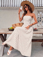 Polka Dots Tucking And Waist-cinching Strapless Maxi Dresses