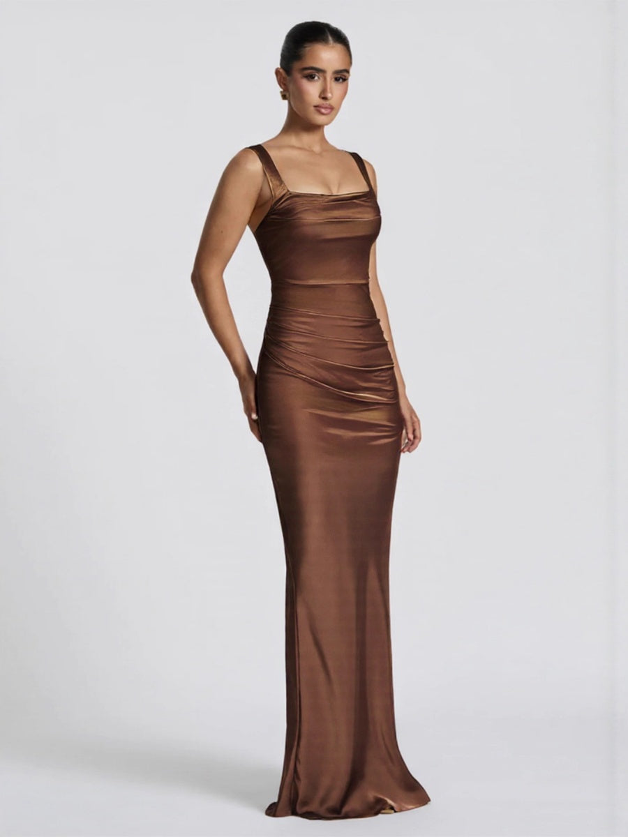 Dark Brown Satin Square Collar Pleated Maxi Dresses