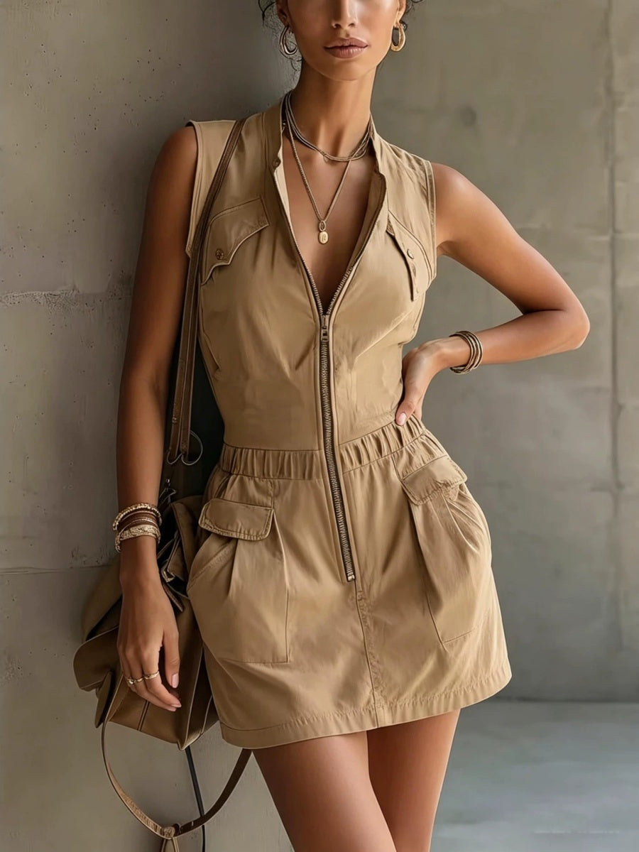 Work Clothes Sleeveless Zipper Pocket Waist Temperament Commuting Mini&Short Dresses