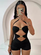 Hollow Out Metal Pipe Splicing Color-blocked Bow Neckband Jumpsuits