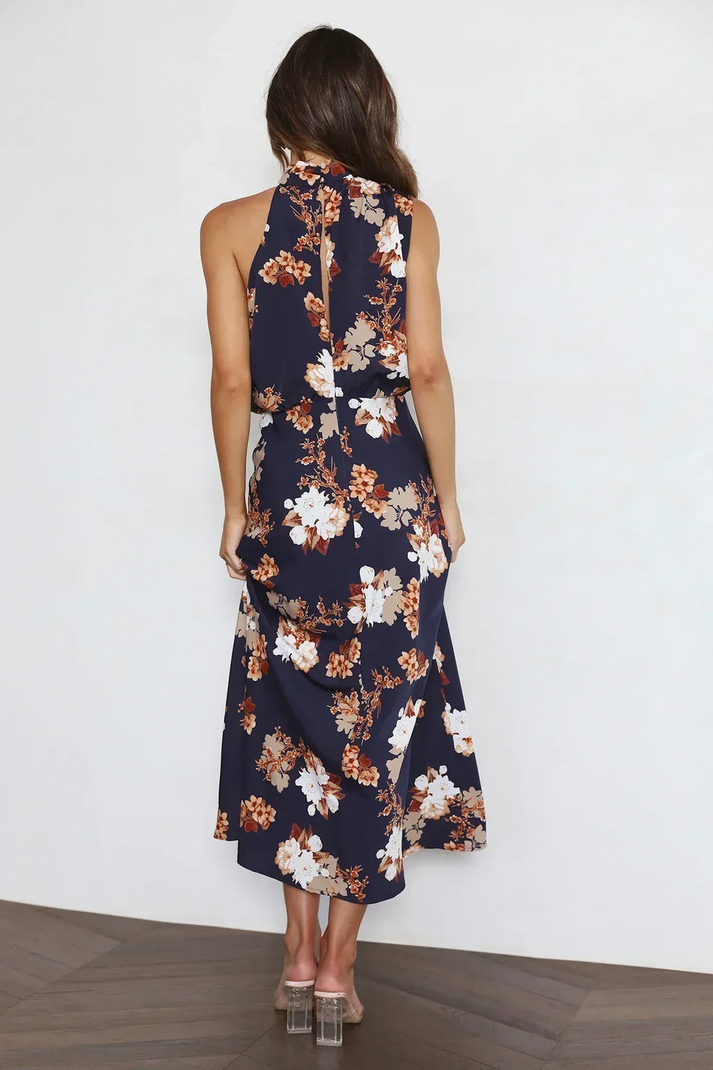 Satin Floral Print Halter Neck Cowl Neck Two Piece Set