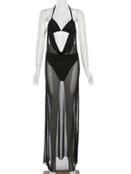 Hollow Out Mesh Splicing Perspective Halter Neck And Backless Maxi Dresses
