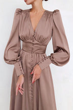 Deep V-Neck Bishop Sleeve Button Front Smocked Waist Midi Dress