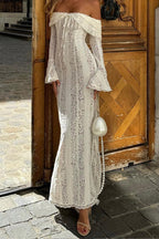 Matilde Statement Lace Wide Flared Sleeve Off Shoulder Dress Boutique Collection