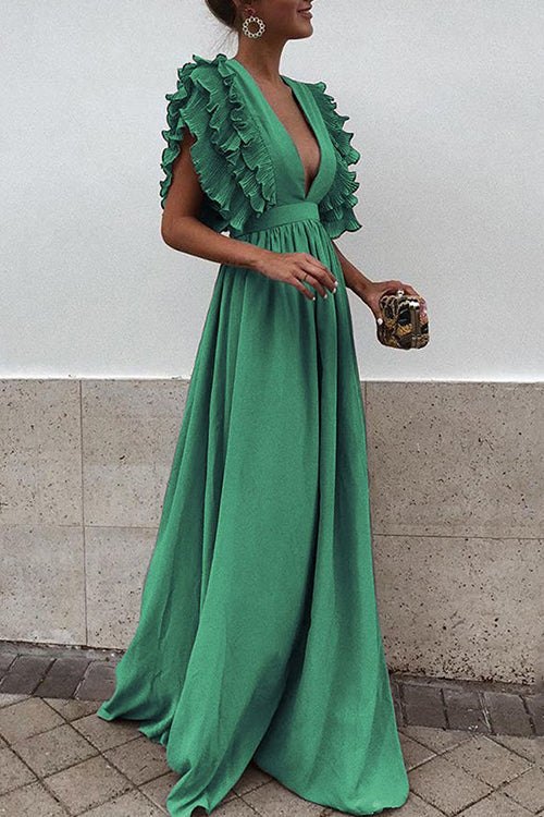 Deep V-Neck Tiered Ruffle Flutter Sleeve Gathered Maxi Gown