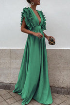 Deep V-Neck Tiered Ruffle Flutter Sleeve Gathered Maxi Gown