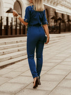 Short-sleeved, High-waisted, Belted Jumpsuit For Professional Commuting