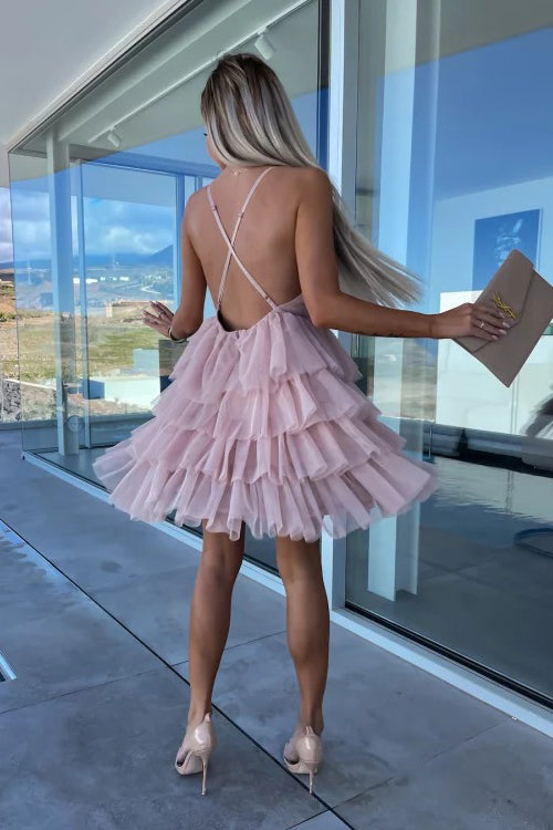 Deep V-Neck Tiered Tulle Ruffle Mini Dress