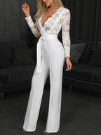 Lace Stitching V-neck Long Sleeve Temperament Grace Jumpsuits