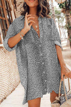 Print Button Front Roll Sleeve Shirt Mini Dress