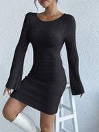 Ribbed Knit Scoop Neck Bell Sleeve Bodycon Mini Dress