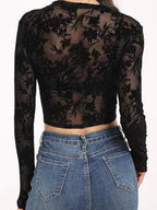 Mesh Transparent Flocking Printing Long-sleeved T-shirt